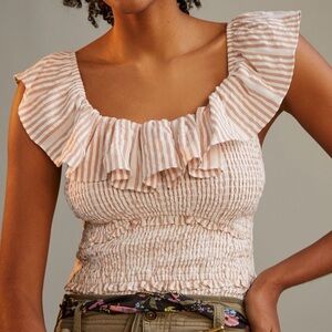 Anthropologie White & Tan Seersucker Ruffled Smocked Tie Back Top